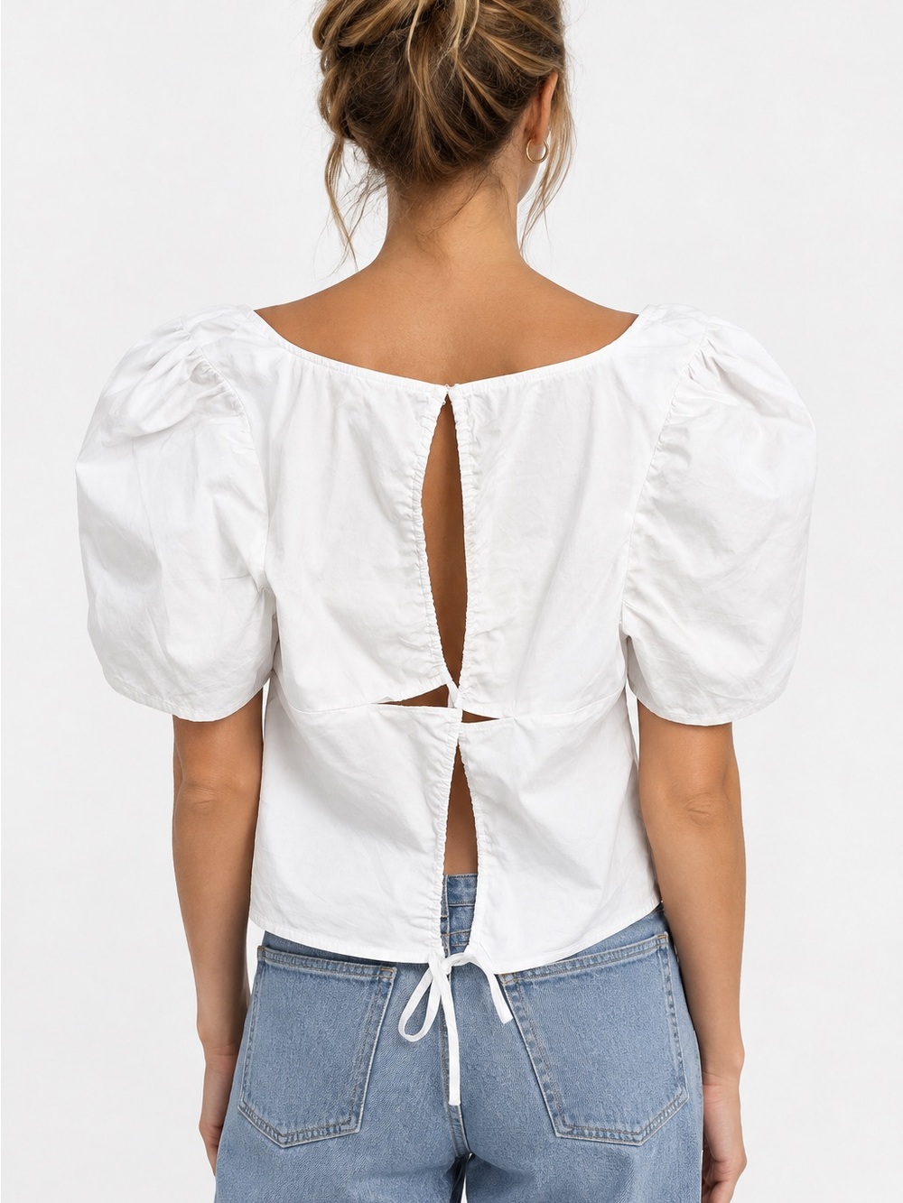 Open Edit White Open Back Puff Sleeve Crop Top Tie Cotton Romantic Size S